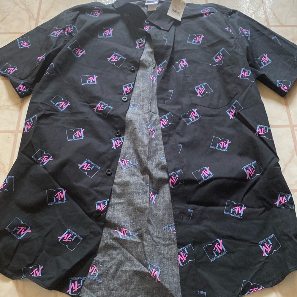 Mens Black Button Down Shirt with MTV Logo